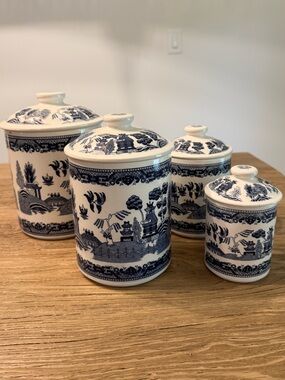 Vintage Blue Willow Transferware Canister Set of 4 Blue & White 1920’s Oriental
